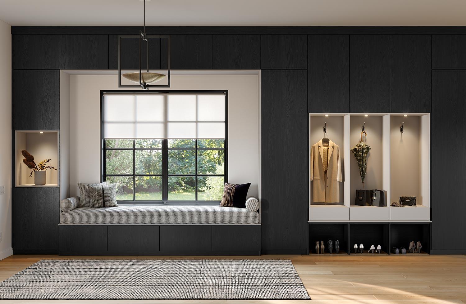 Custom bench and hanging space mudroom design in dark finish by California Closets