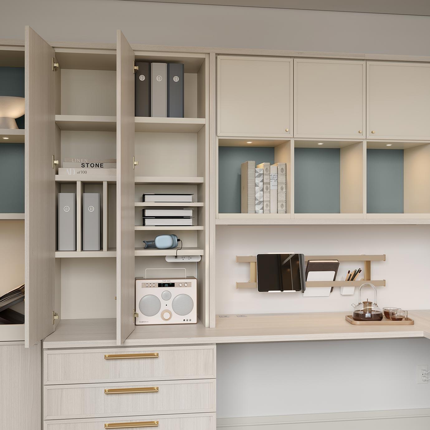 Custom office shelving designed with open and concealed layout from California Closets