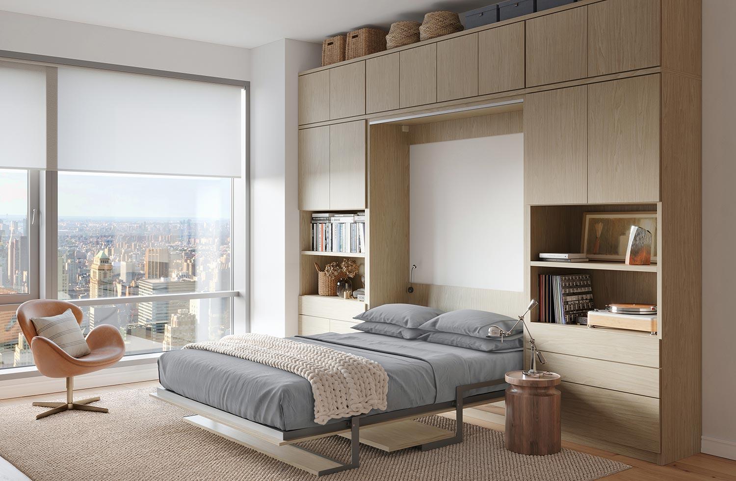 Customized open murphy bed with cabinets and shelves by California Closets