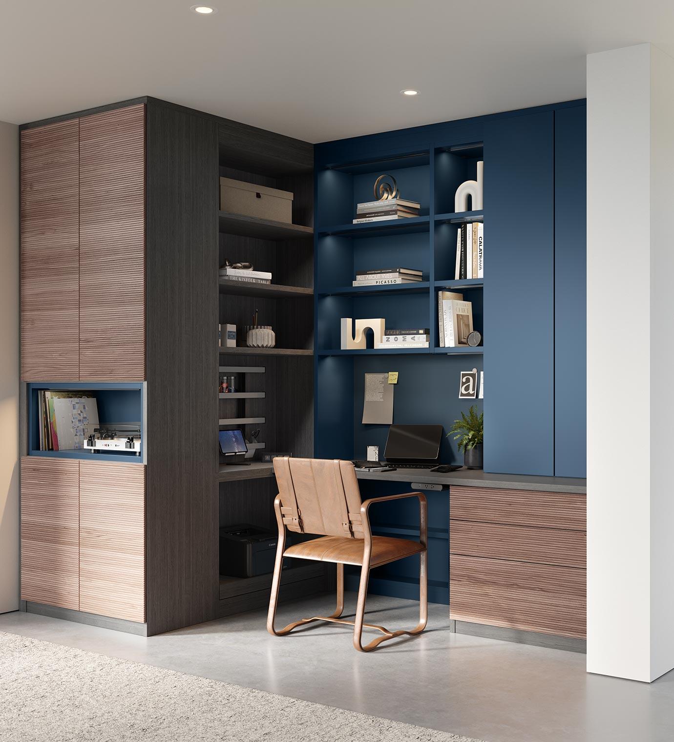 Home office workspace in a deep blue finish customized with drawers, cabinets in natural wood finishes by California Closets