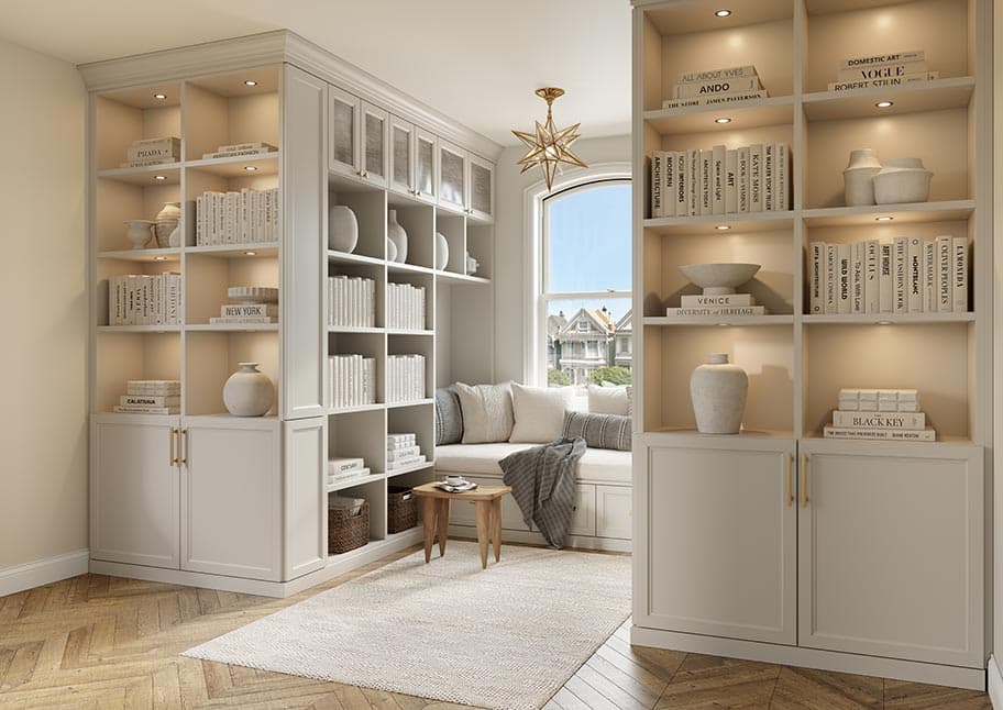 Light wood finish for bookshelves from floor to ceiling design California Closets