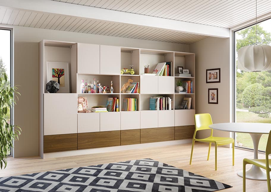 Living room storage for playroom with shelving, cabinets and benches by California Closets