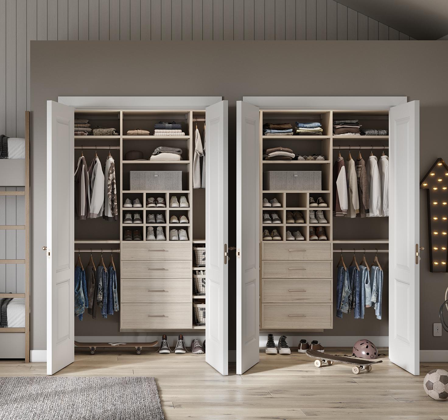 Reach in closet for boys room designed in natural wood finishes by California Closets.