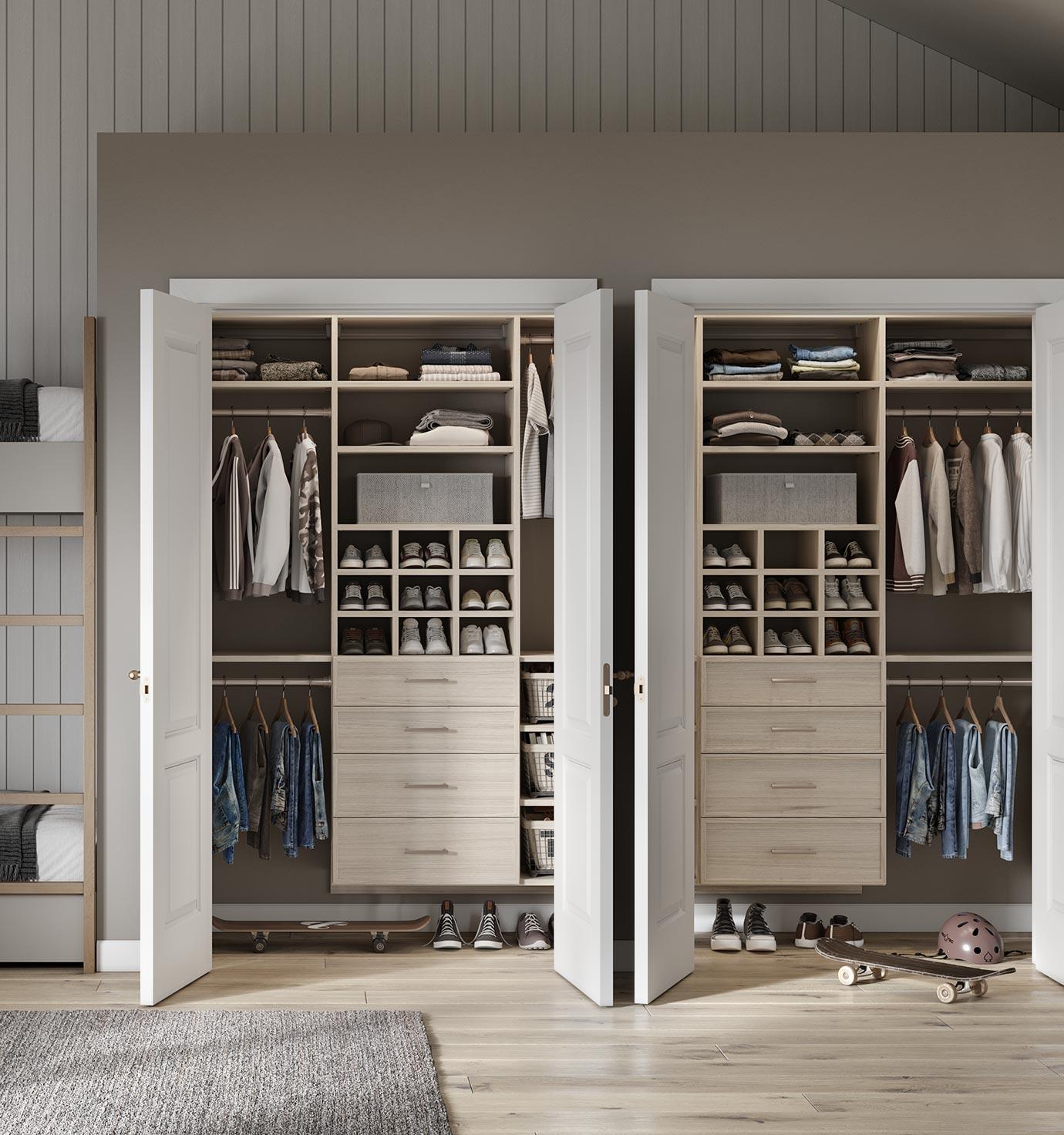 Custom twin reach in closet ideas for shared room designed by California Closets