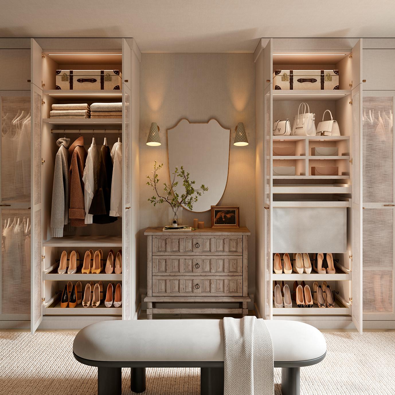 Custom walk in closet ideas with open shelving, see-through cabinet doors, shoe storage and custom lighting by California Closets