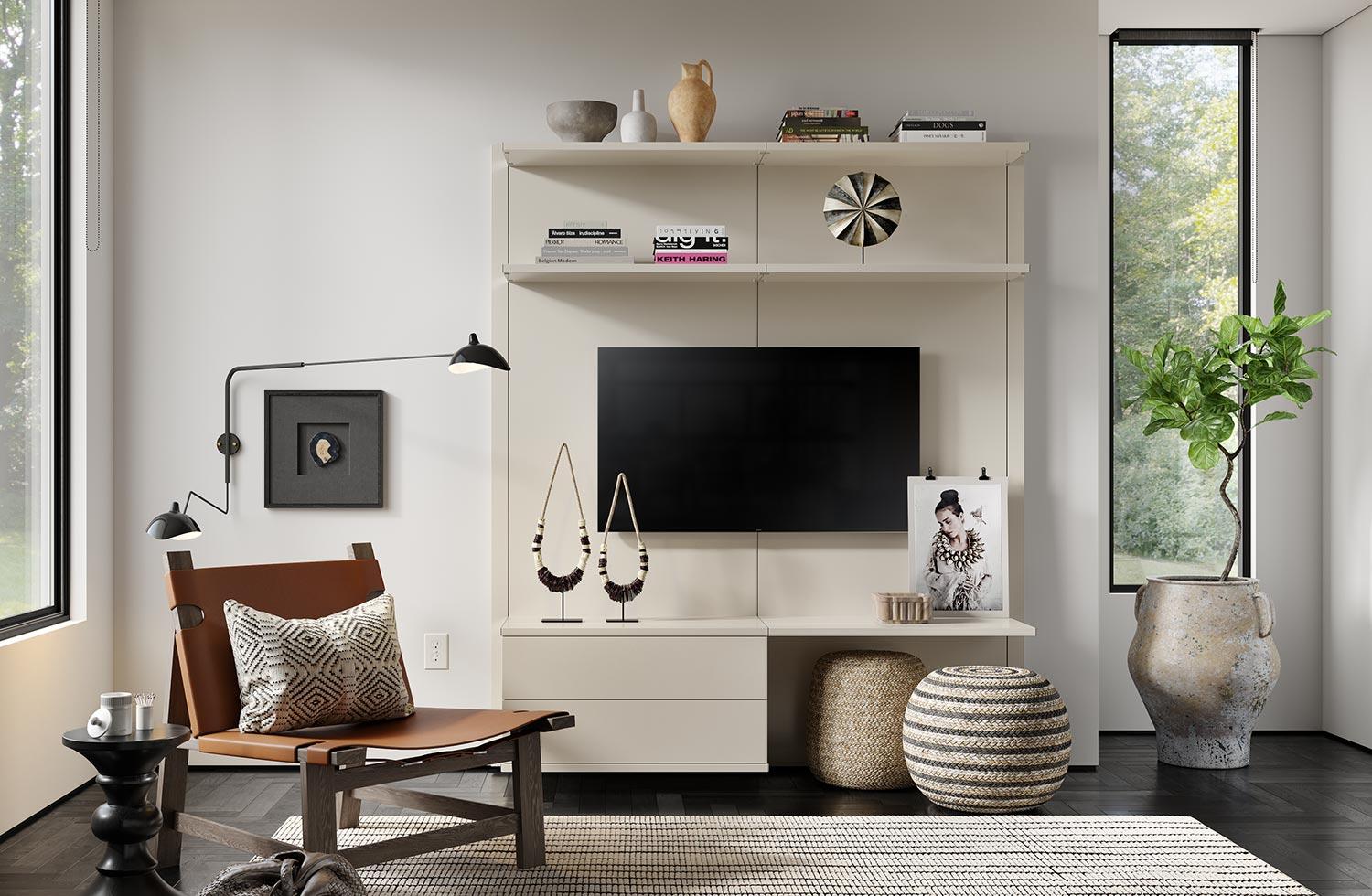 Customized media center in a white wood finish by California Closets