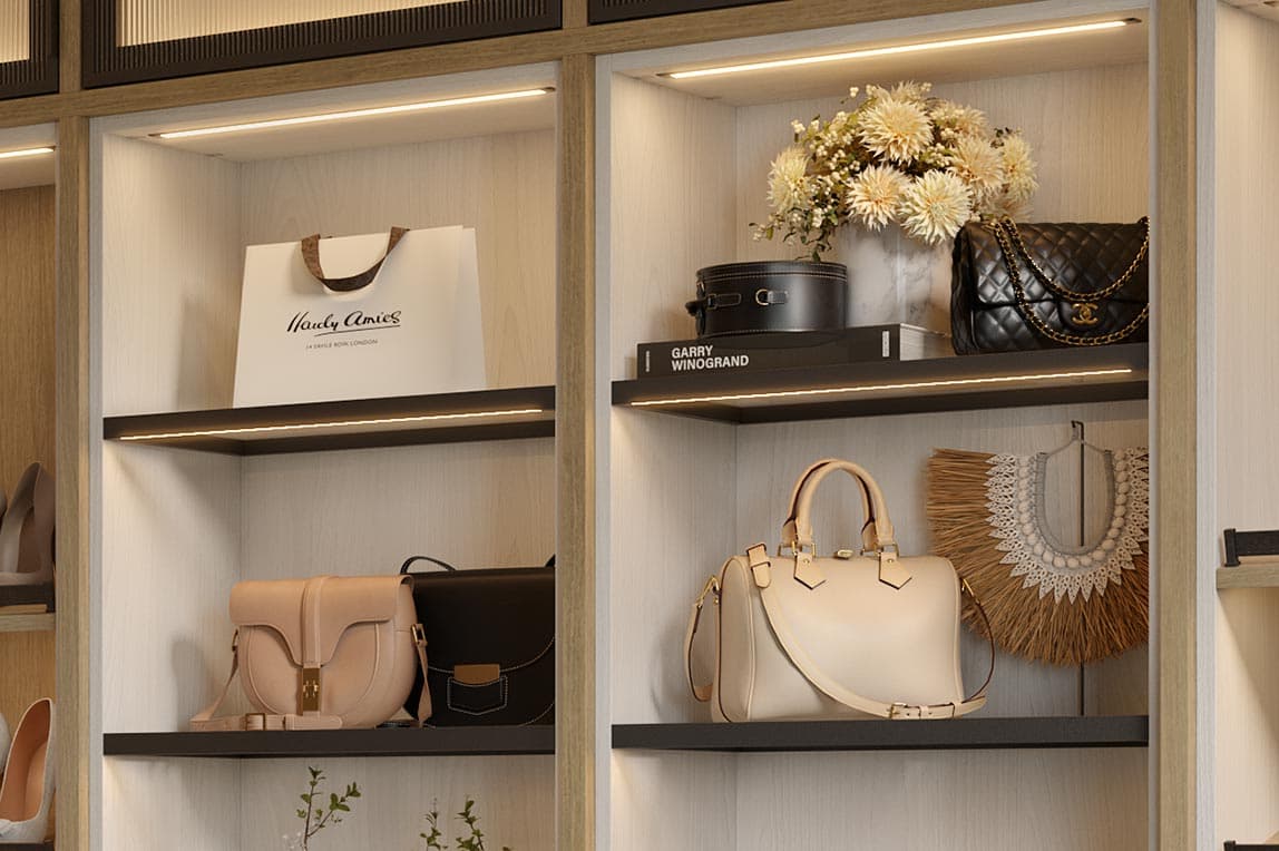 Wardrobe LED storage lighting design for custom cabinets by California Closets