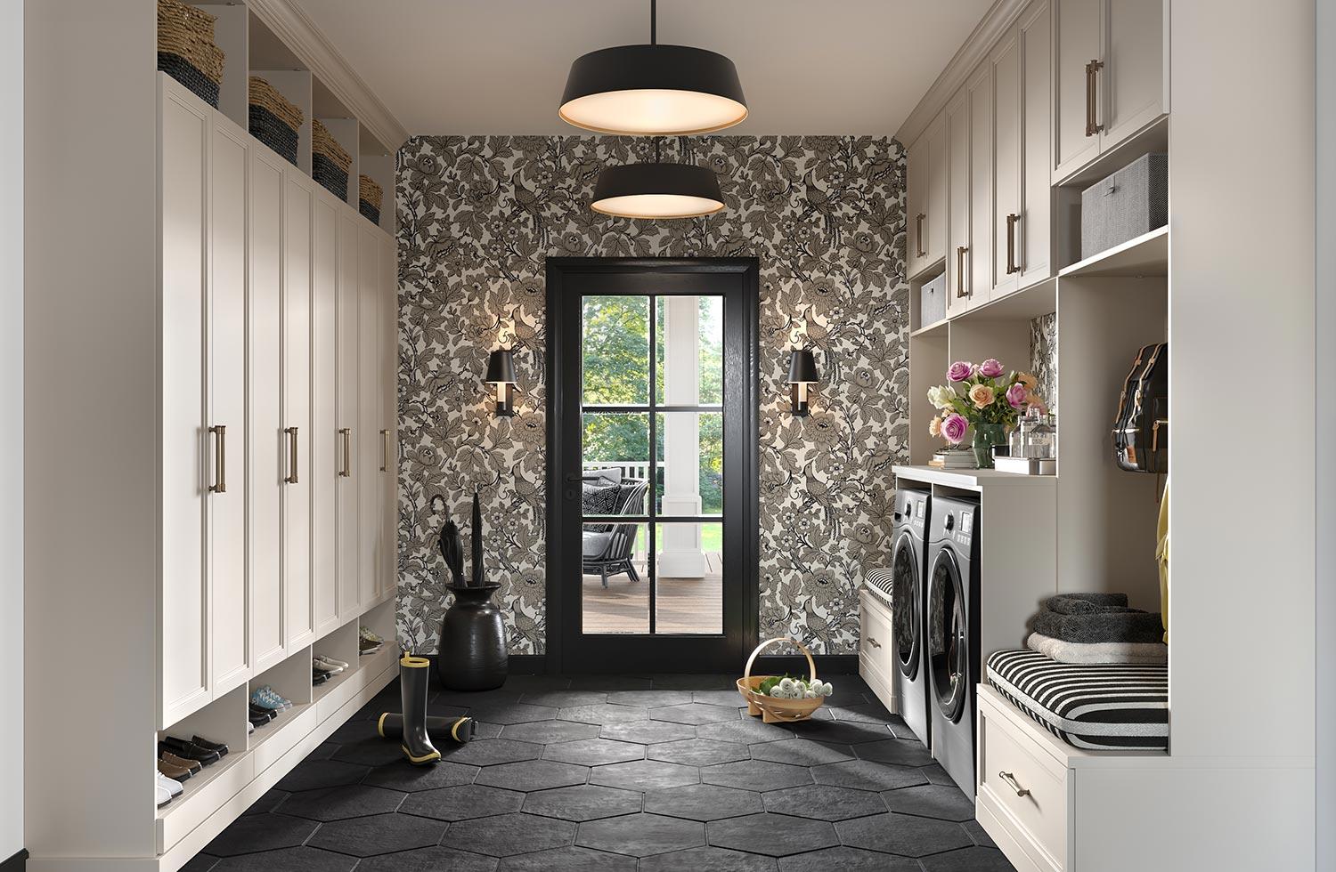 Mudroom and laundry room custom design with storage bench design by California Closets