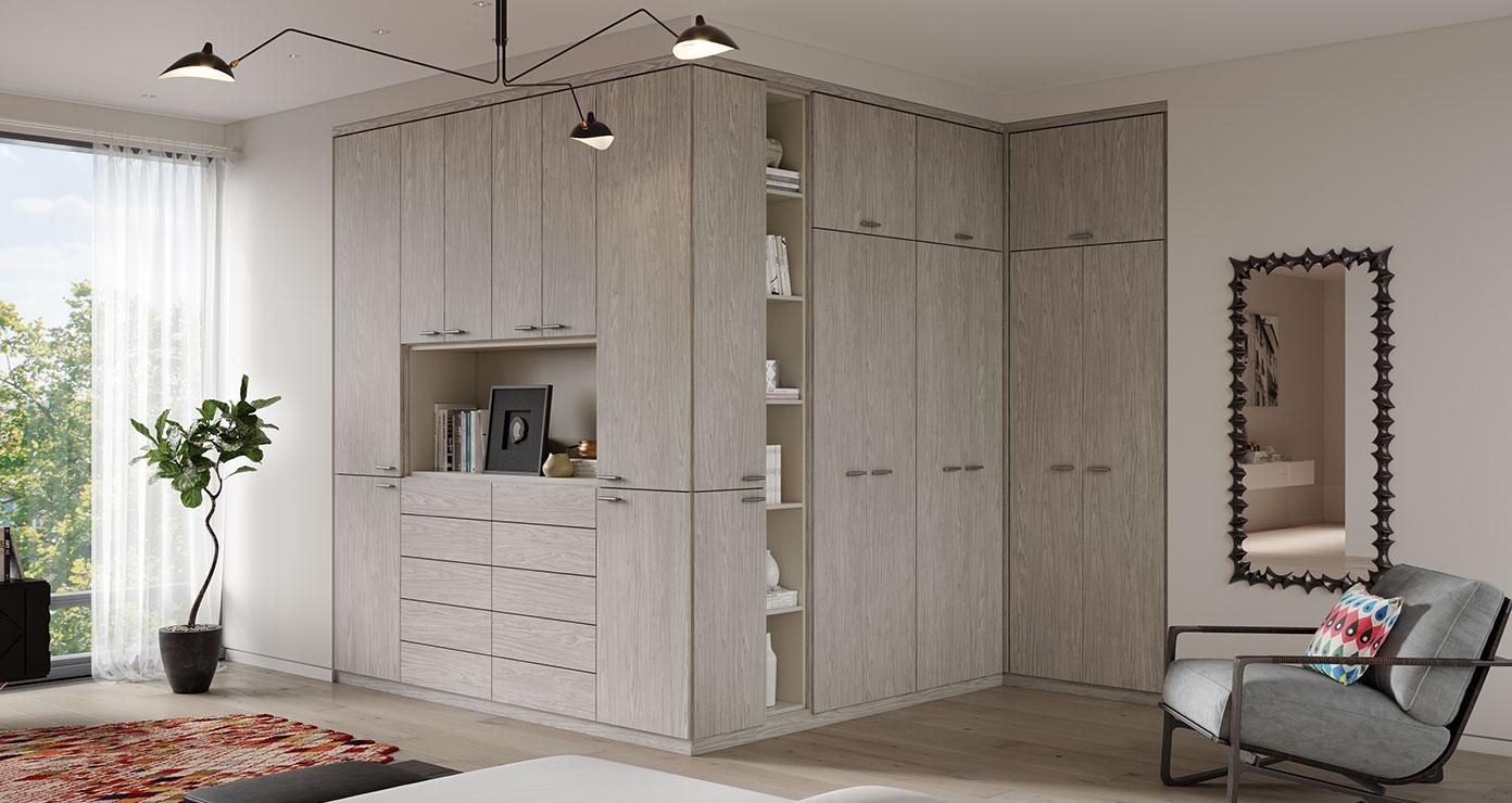 Wardrobe cabinet storage in light grey finish with open shelving by California Closets
