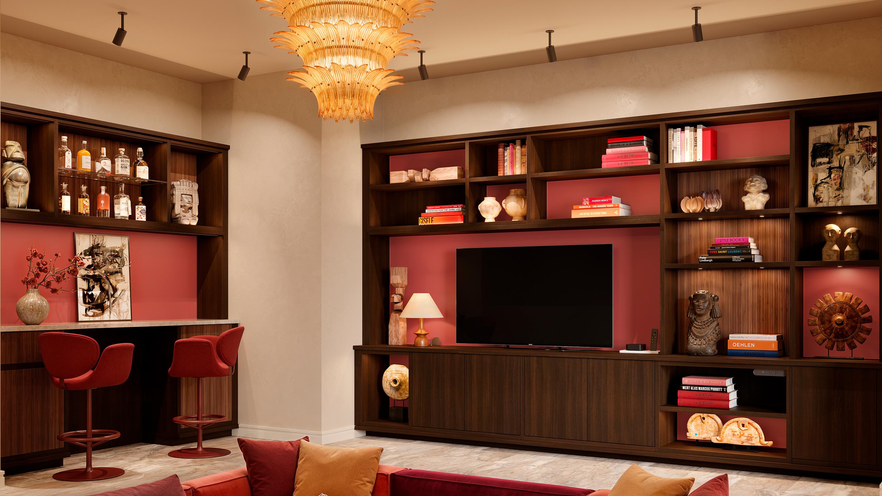 Storage shelving cabinets for Entertainment Center designed in dark wood finish by California Closets