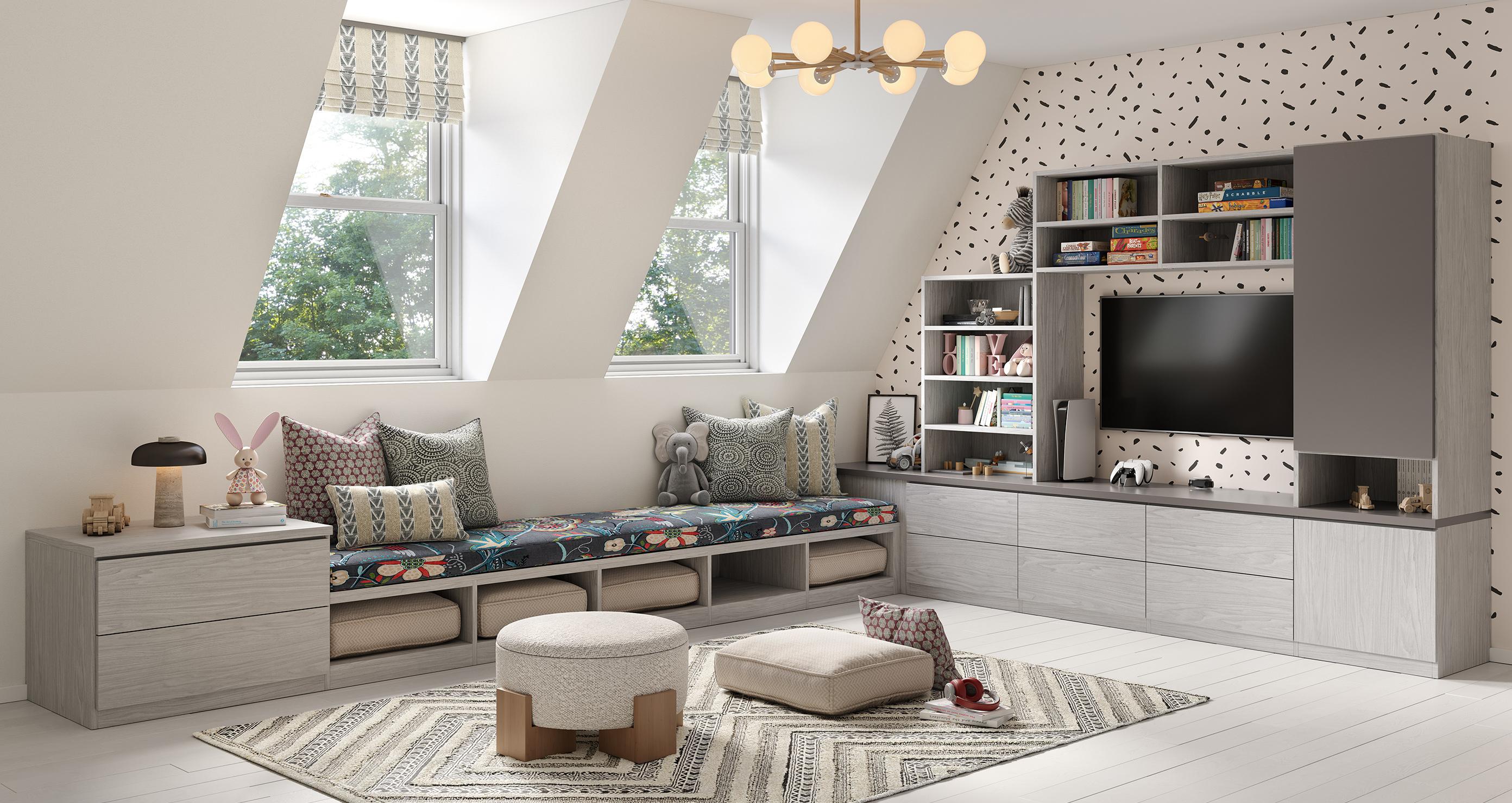 Playroom meets entertainment center wall with custom storage drawers, cubbies, open shelves and bench in light wood grain finish by California Closets