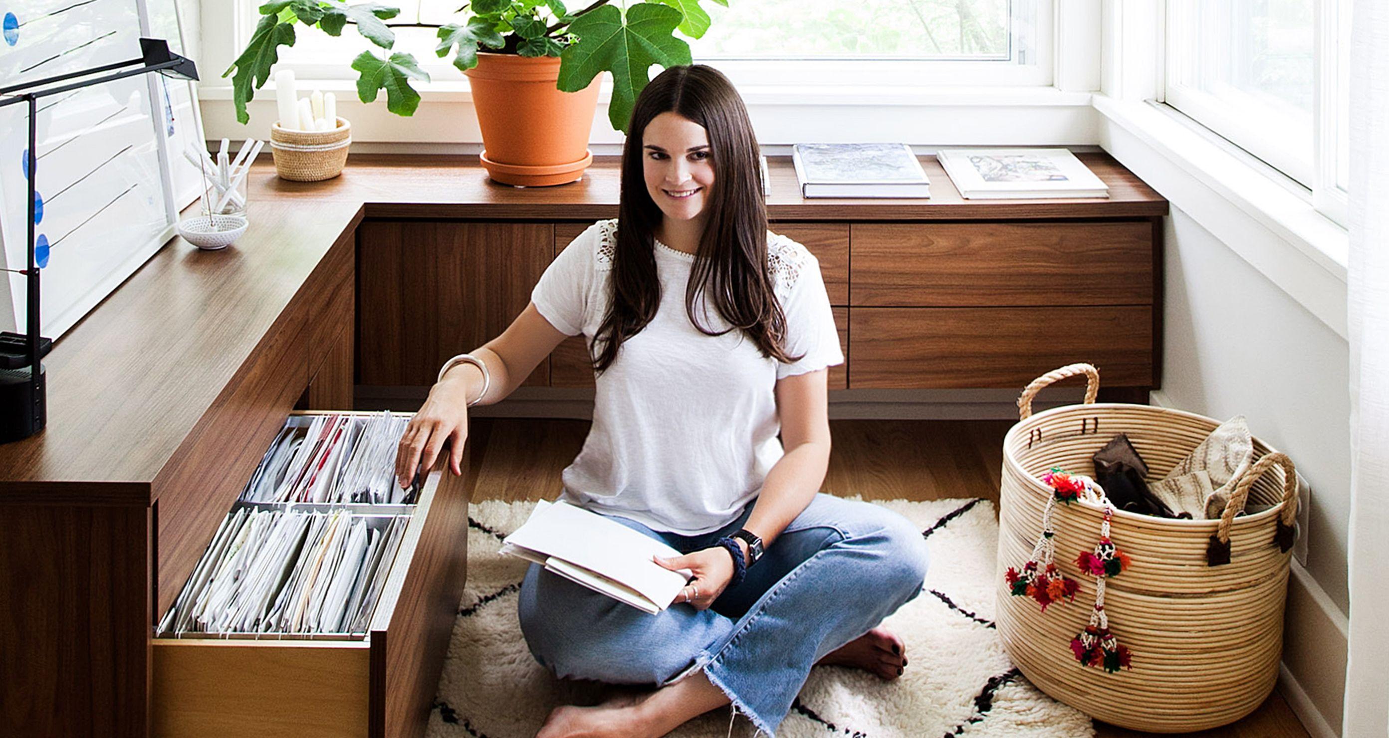 Small space storage for Michelle Adams' home office designed with floating cabinets by California Closets