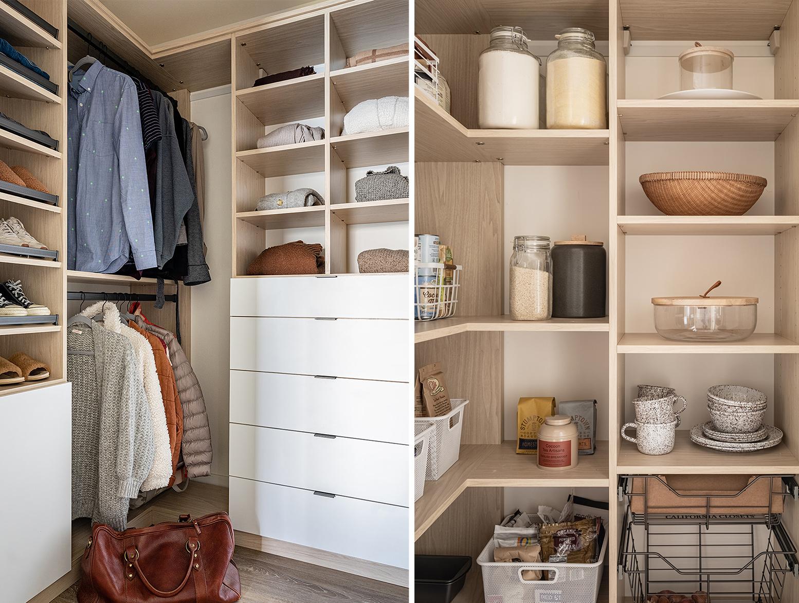 Walk in closet design with natural wood grain finishes and white pantry shelving customized by California Closets