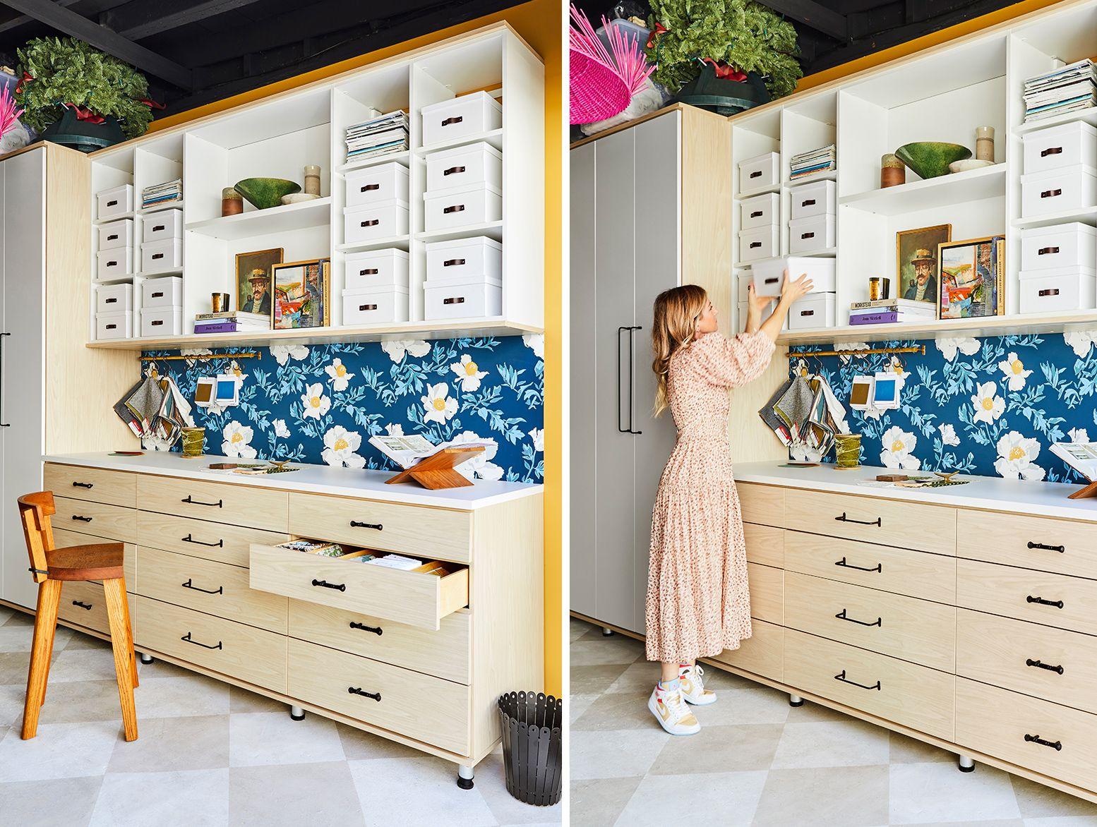 Dee Murphy's garage cabinet design with a light wood finish storage system by California Closets