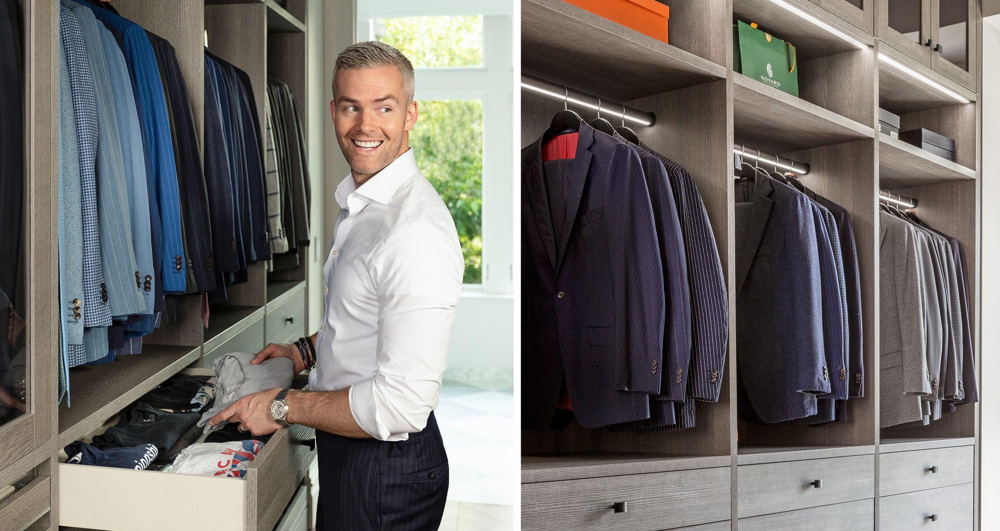 Custom closet with multiple drawers, cabinets, hanging racks and shoe storage by California Closets