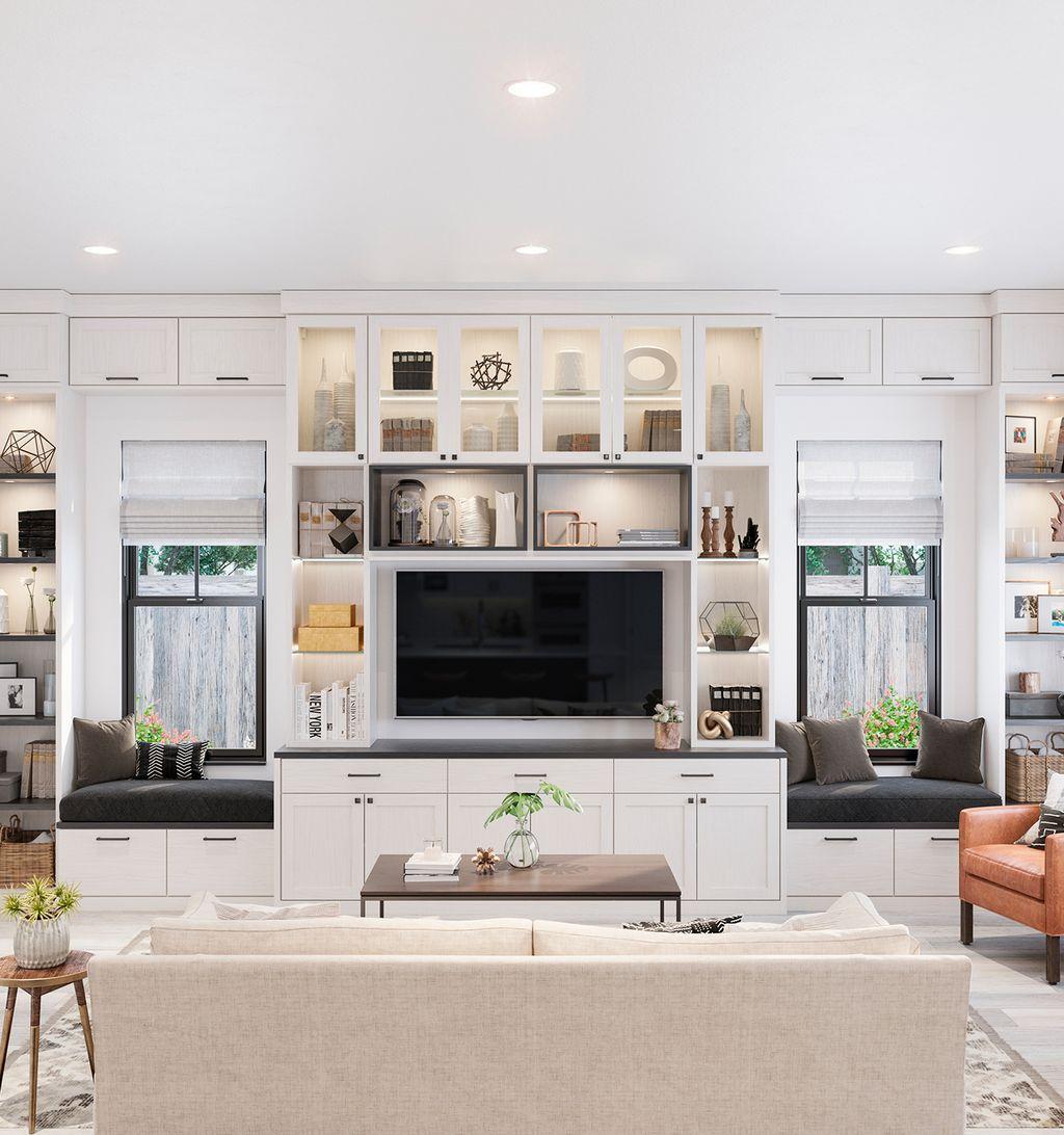 White wood finish built in entertainment center with benches and open shelves California Closets
