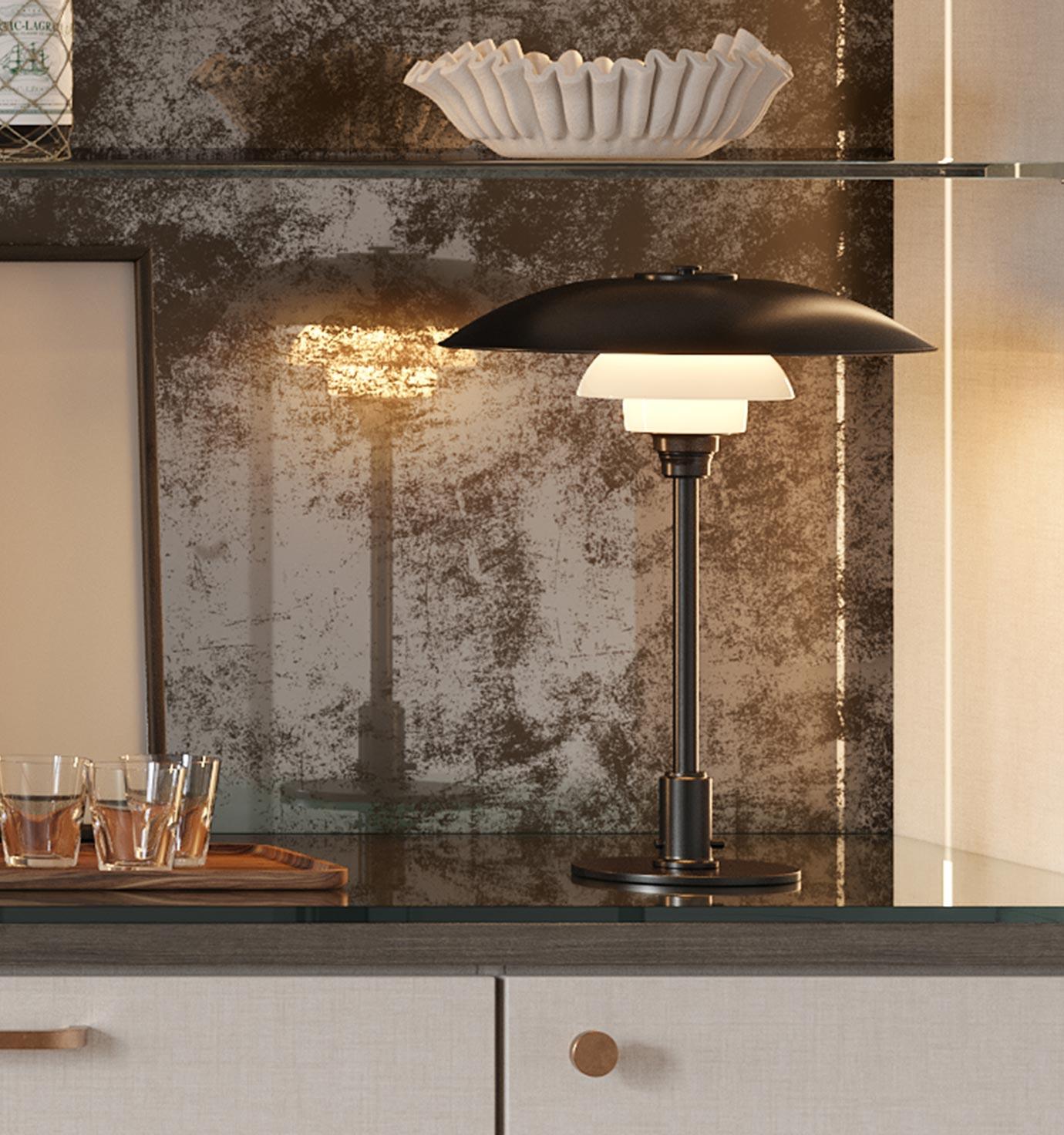 Customized home bar design with decorative back panels and custom glass shelves by California Closets