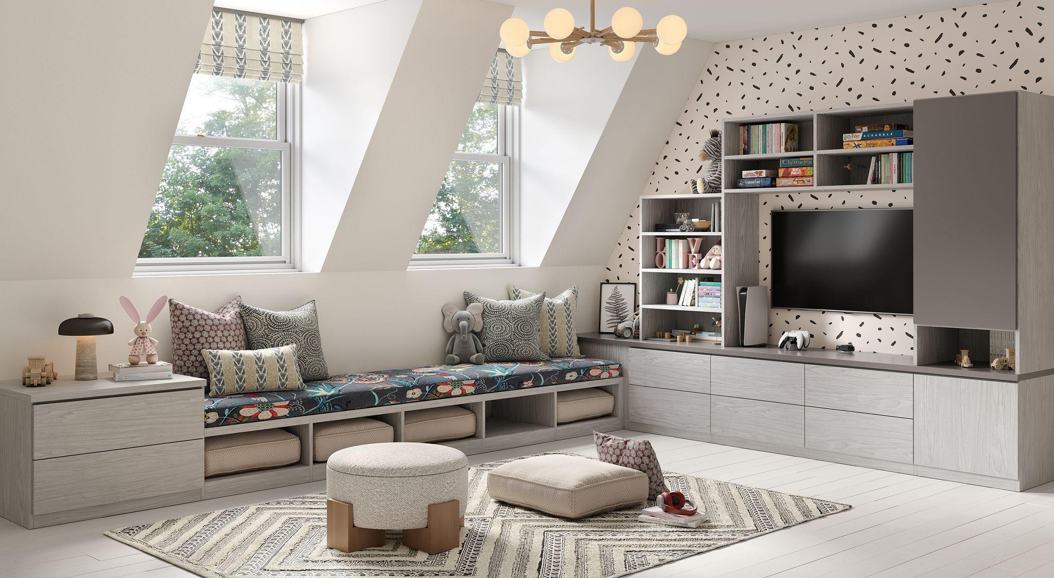 Playroom with entertainment center storage bench for toys and bookshelves by California Closets