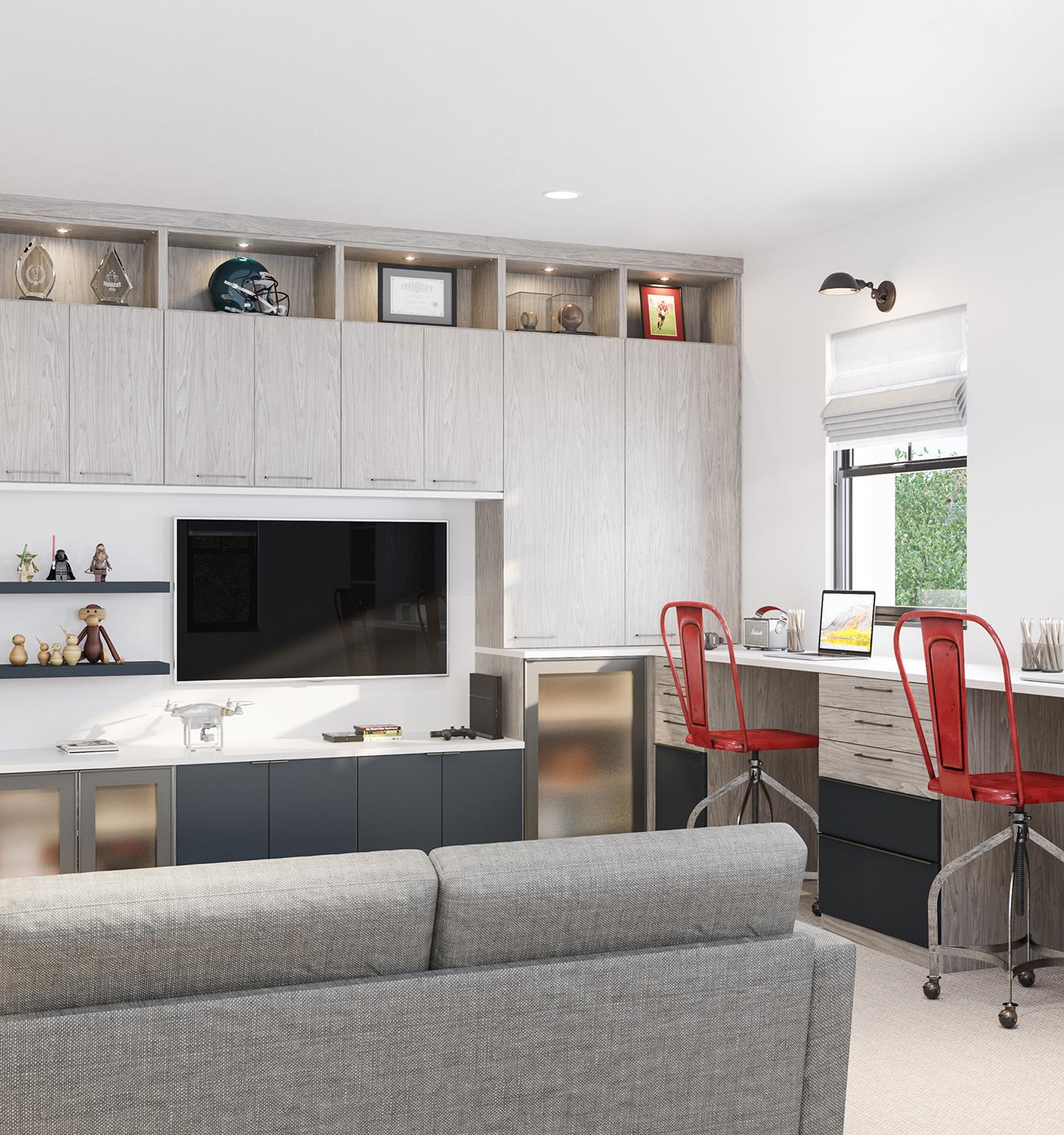 Family workspace combined entertainment center with cabinet designs, display shelves, and drawers in a light wood finish by California Closets