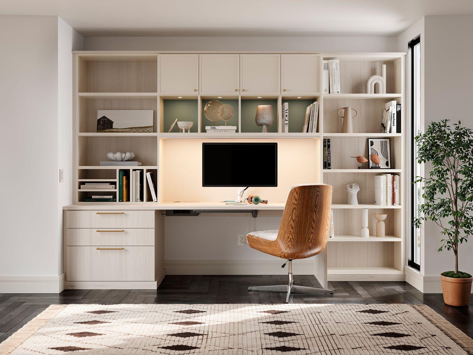 Home office layout with custom desk and integrated bookshelves by California Closets